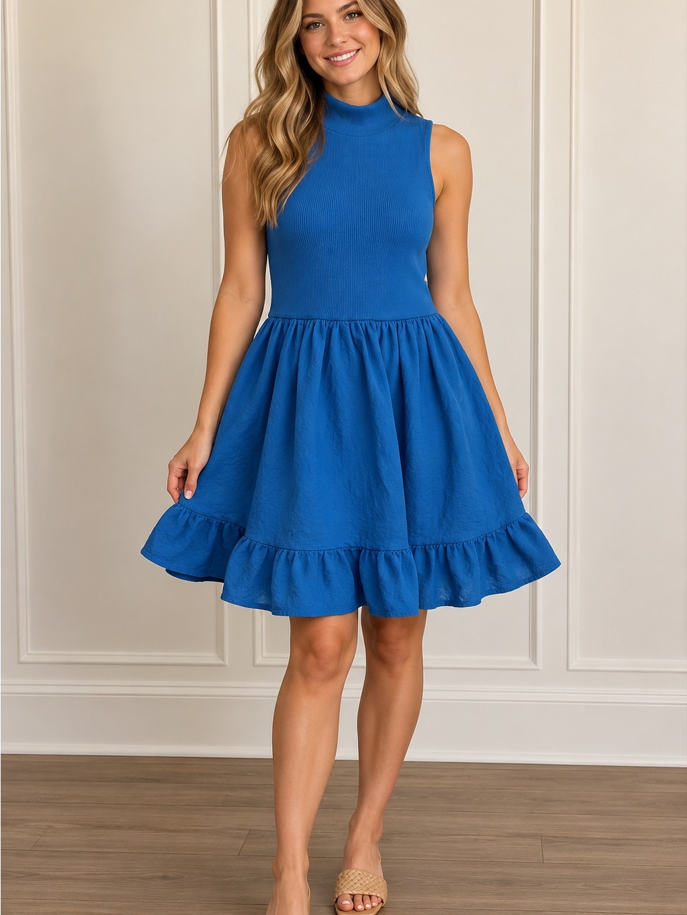 Zara Electric Blue Sleeveless Ruffle-Hem Cotton Dress